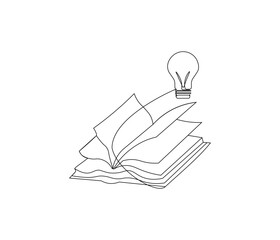 Opened book with light bulb in one continuous line drawing. Symbol of idea for business or schedule. Light bulb and book in simple linear style. Editable stroke. Doodle line illustration