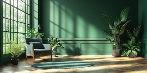 Poster - Cozy green living space with natural light and indoor plants enhances relaxation and comfort