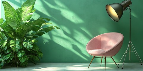 Poster - Cozy seating area with pink chair and stylish lamp against vibrant green wall and lush plants