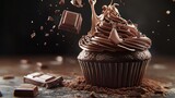 A cupcake made of chocolate, hyper-realistic, dark background