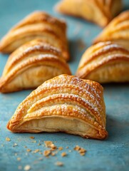 Sweet flaky pastries with sugar dusting on a blue surface.