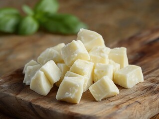 Poster - A pile of shredded Grana Padano cheese on a wooden cutting board, a type of Italian hard cheese.