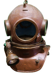 Poster - A close-up view of a diving helmet on a white background, suitable for use in photographs or illustrations about scuba diving, marine exploration, or water sports.