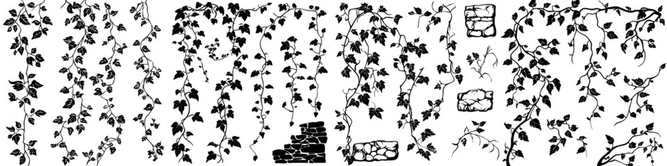 Poster - Ivy vines cascading down a stone wall with a blend of natural and artificial elements in a futuristic setting