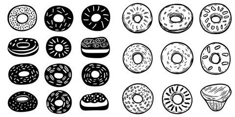 Poster - Dozens of assorted donuts with various toppings and shapes presented in a playful black and white design