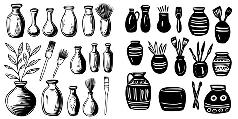 Poster - Collection of artistic ceramics and tools arranged in a modern, minimalist style featuring various vessels and brushes