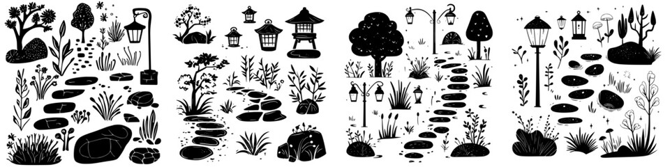 Poster - Explore a serene, futuristic garden filled with lanterns and unique flora under a starlit sky with hologram overlays
