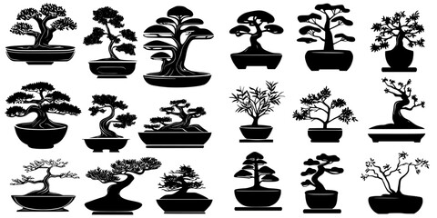 Poster - Variety of bonsai trees in different styles and shapes showcasing intricate designs and artistry