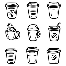 Collection of coffee cup illustrations showcasing diverse designs and styles in a minimalist format