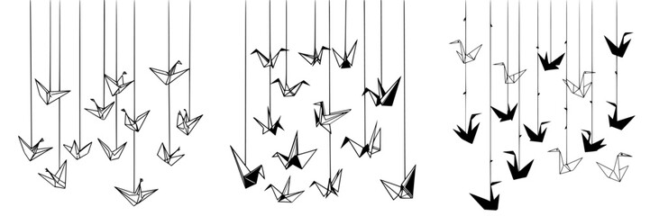 Poster - Hanging origami cranes in a minimalist space creating a serene atmosphere with a modern touch