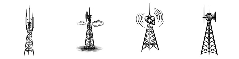 Poster - Exploration of communication towers showcasing diverse designs and modern technology trends in a futuristic context