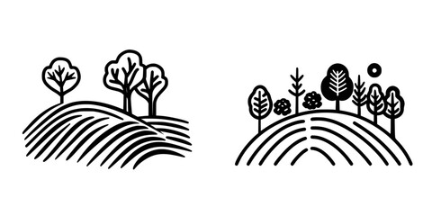 Poster - Stylized landscape featuring trees and rolling hills created with minimalistic design and clean lines