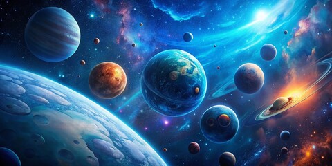 Wall Mural - cartoon blue planet with moons orbiting in space - whimsical cosmic scene