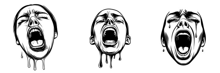 Poster - Expressive faces show intense emotions with dramatic variations in artistic style and fluid shapes