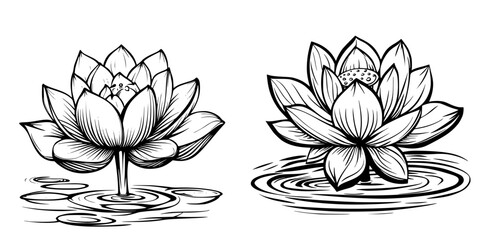 Poster - Lotus flowers floating on serene water with detailed patterns and textures showcasing nature's beauty and tranquility