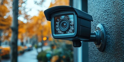 Poster - Black camera mounted on a wall for security surveillance and monitoring purposes