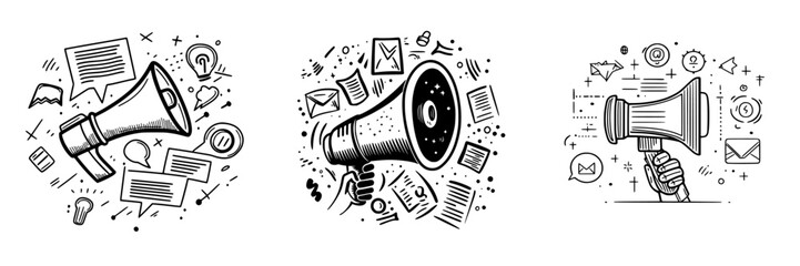 Poster - Effective communication strategies using illustration of megaphones surrounded by various communication symbols and elements