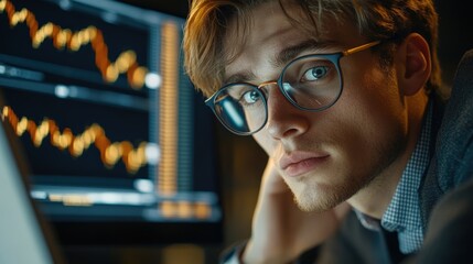 Poster - Man with glasses focused on laptop screen in a modern workspace setting