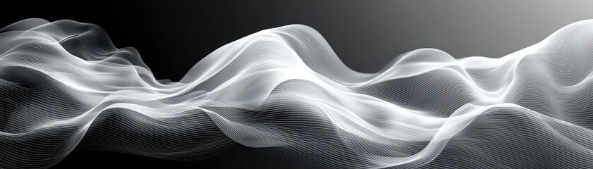 Poster - Abstract wave pattern of white lines on a dark black background for minimalistic design or digital art