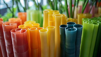 Poster - detailed focus on a vibrant array of biodegradable materials such as cornstarch and bamboo displayed