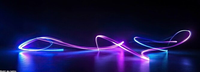 Poster - Abstract background with curved neon lines glowing in blue and purple colors on a dark black backdrop. Vector illustration of a light effect moving fast, 