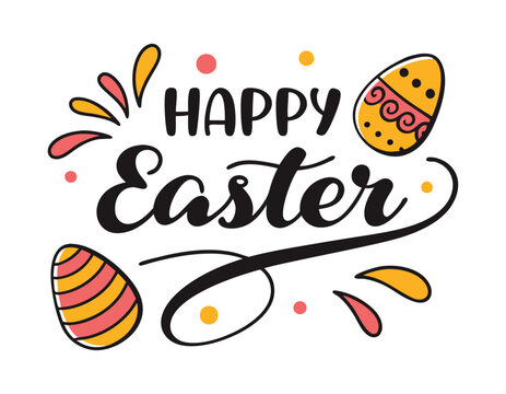 cheerful easter greeting with hand-drawn elements and colorful eggs. perfect for celebrating the holiday, creating festive invitations, and sharing seasonal joy. lively and eye-catching design.