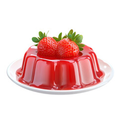 Poster - A vibrant red strawberry jelly dessert sits atop a white plate, garnished with two fresh strawberries.