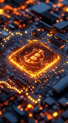 Poster - A vibrant cryptocurrency wallet interface lights up with an orange glow against a backdrop of detailed circuitry. The design exudes modern technology and innovation in digital finance