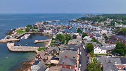 Canvas Print - Rockport Harbor aerial view including Bearskin Neck and Motif Number 1 building in historic waterfront village of Rockport, Massachusetts MA, USA. 