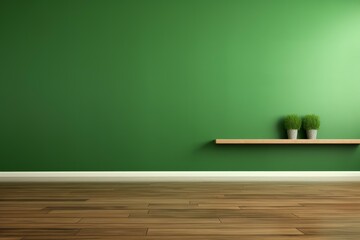Poster - Minimalist interior design featuring a green wall, wooden shelf, potted plants, and wooden floor
