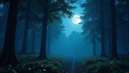 Wall Mural - Twinkling moonlight filtering through dense woodland foliage cast silver shadows on forest floor, lunar, mystical, trees