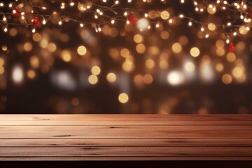 Poster - Wooden table with christmas lights creating a festive bokeh background, ideal for displaying holiday products