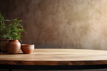 Poster - Round wooden table displaying products with plants and ceramic vases on a textured brown background, ideal for showcasing merchandise