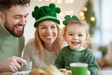 Cheerful family celebrating saint patrick's day in festive green attire.