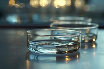 Poster - Glass petri dishes containing transparent liquid substance on laboratory table with scientist working with pipette in background out of focus