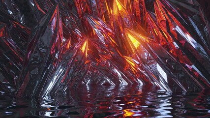 Poster - sharp and shiny crystals glowing red and orange, reflecting on dark rippled water surface, creating 