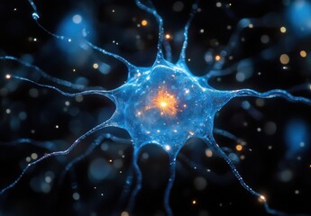 Poster - Abstract View of a Neuron with Bright Firing Synapses and Glowing Processes in a Dark Background for Scientific and Educational Use