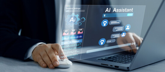 Poster - Virtual assistant, artificial intelligence Bot and CRM software automation technology. Chatgpt Chat with AI.Customer person using chat service to get support.Online support Chatbot conversation.