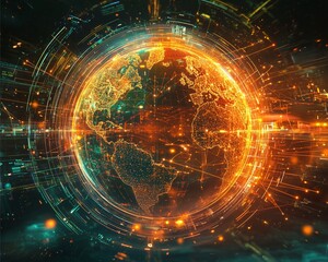a vibrant digital representation of earth, illuminated with orange and teal lights, symbolizing conn