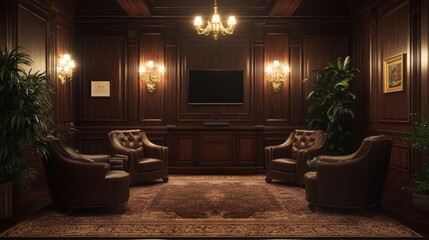 Poster - A waiting room in a law firm with dark wood paneling, luxurious armchairs, and a TV for visitor convenience.