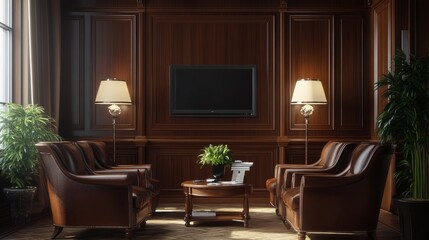 Poster - A waiting room in a law firm with dark wood paneling, luxurious armchairs, and a TV for visitor convenience.