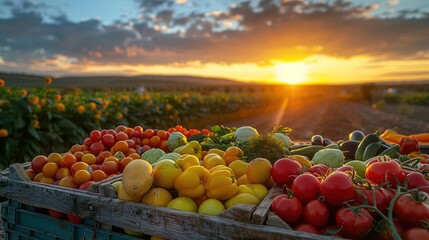 Vibrant harvest of fresh vegetables and fruits in a picturesque sunset field setting