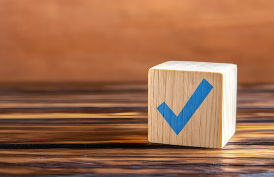 Wooden cube with a blue checkmark on a wooden table, isolated on a pastel background with copy space for text