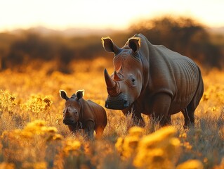Wall Mural - Rhino mother and calf walking in golden grass at sunset wildlife scenery