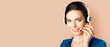 © vgstudio - Face portrait - representative call center. Business woman support phone operator in headset, isolated brown background. Customer service help consulting concept. Sale agent. Video conference. Banner.