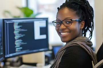Poster - Portrait of a Happy Female Programmer Working with Code on Dual Monitors in a Modern Office