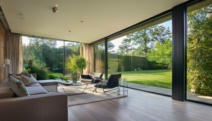 Wall Mural - spacious modern interior with large windows overlooking a garden