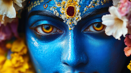 Wall Mural - A close-up of Krishnaâs vibrant blue skin, adorned with a garland of flowers, his eyes filled with compassion and wisdom