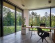 © Dimitar - modern interior design featuring a serene workspace with large windows overlooking greenery