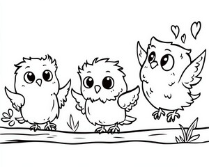This charming illustration features three cute cartoon birds with big eyes, expressing joy and friendship Perfect for creative and playful projects!, Outline